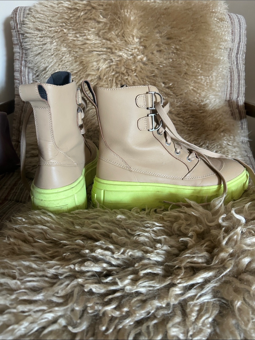 Sorel Beige Leather Lace-Up Boots with Neon Yellow Platform